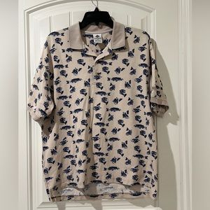 COLUMBIA FISHING KNIT MENS POLO SHIRT BEIGE NAVY BLUE FISH PRINTS SIZE Medium